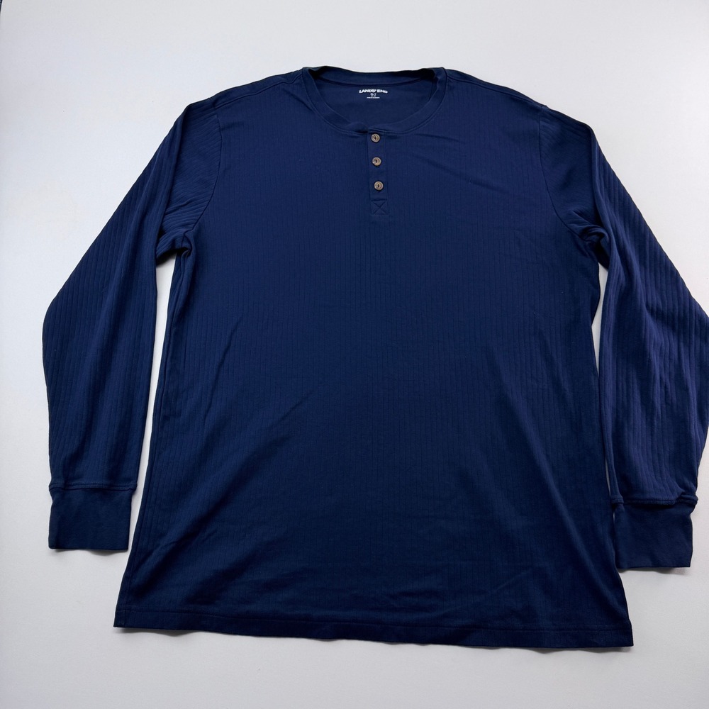 Lands End Mens XL Tall Navy Blue Ribbed Cotton Long Sleeve Henley Shirt